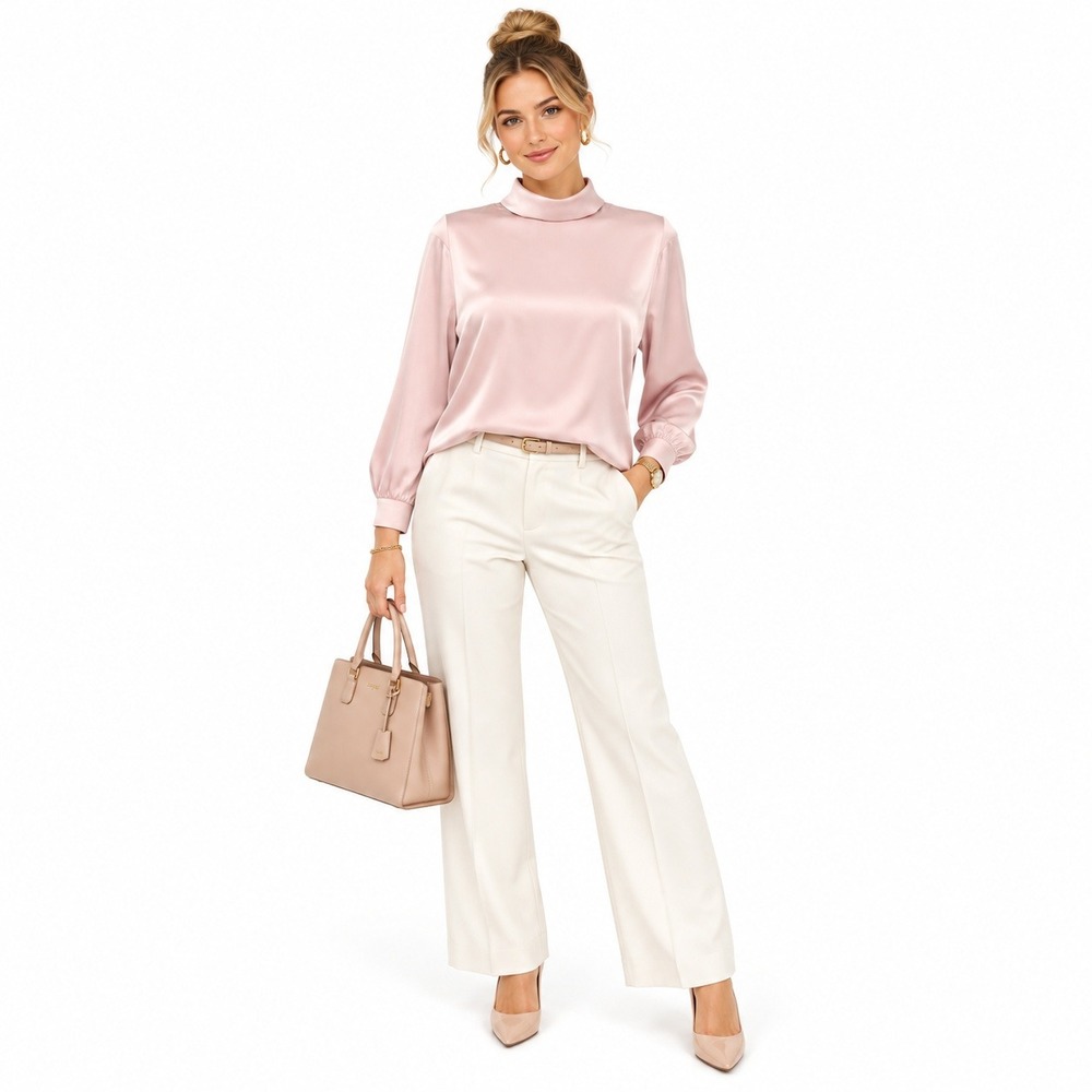 Pendleton Blouse Womens 12 Pink Satin Mock Neck Long Sleeve Business Formal